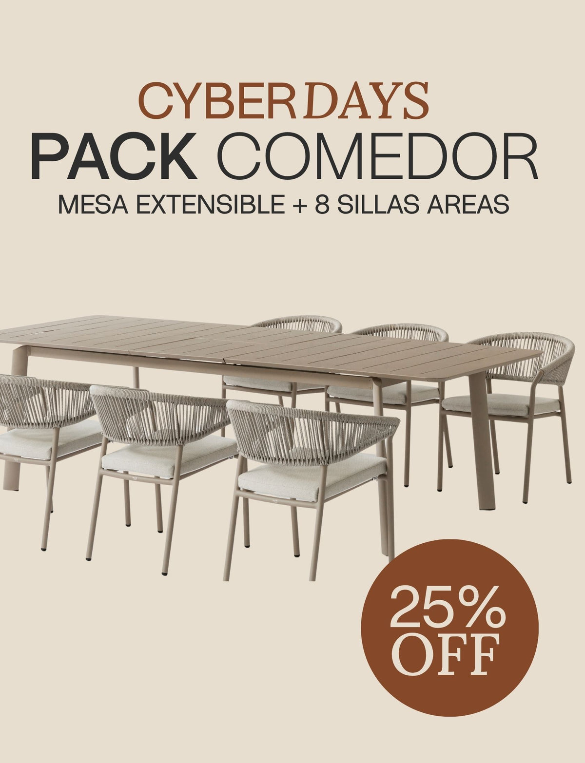 CYBER Mesa Extensible Beige Grande + 8 Sillas Ares