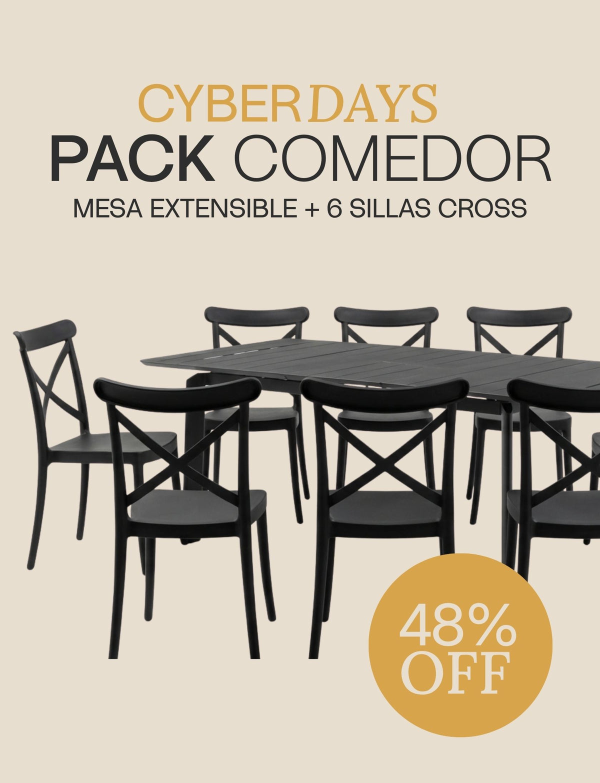CYBER Mesa Extensible Aluminio Gris Mediana + 6 Sillas Cross